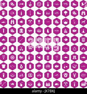 100 BBQ icons hexagon violet Stock Vector