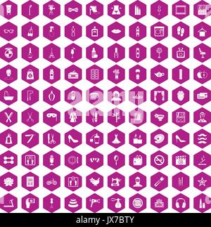 100 beauty and makeup icons hexagon violet Stock Vector