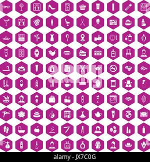 100 beauty salon icons hexagon violet Stock Vector