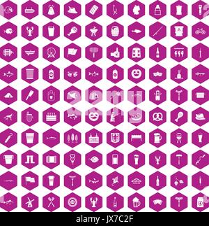 100 beer icons hexagon violet Stock Vector