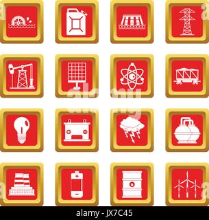 Energy sources items icons set red Stock Vector