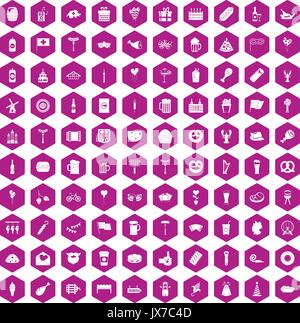 100 beer party icons hexagon violet Stock Vector