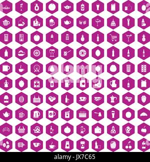 100 beverage icons hexagon violet Stock Vector