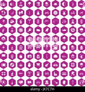 100 bicycle icons hexagon violet Stock Vector