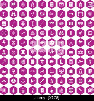100 binoculars icons hexagon violet Stock Vector
