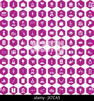 100 birthday icons hexagon violet Stock Vector