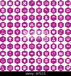 100 book icons hexagon violet Stock Vector