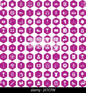 100 boxing icons hexagon violet Stock Vector