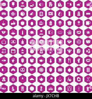 100 breakfast icons hexagon violet Stock Vector