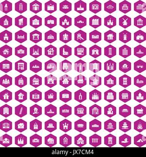 100 building icons hexagon violet Stock Vector