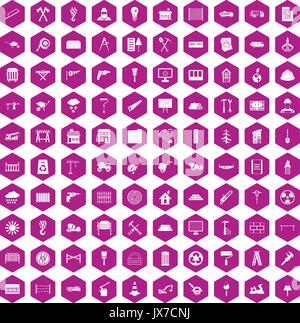100 building materials icons hexagon violet Stock Vector