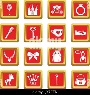 Doll princess items icons set red Stock Vector