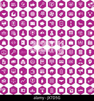 100 business process icons hexagon violet Stock Vector