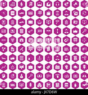100 business training icons hexagon violet Stock Vector