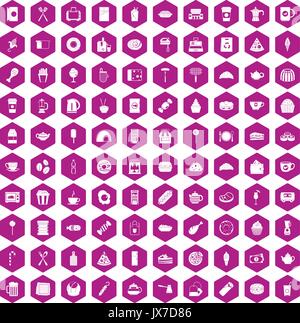 100 cafe icons hexagon violet Stock Vector