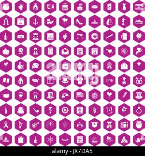 100 calendar icons hexagon violet Stock Vector