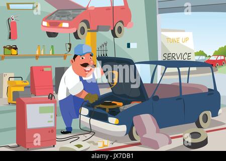 A vector illustration of Auto Mechanic Fixing a Car in the Garage Stock Vector
