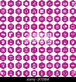 100 call center icons hexagon violet Stock Vector