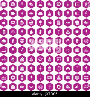 100 calories icons hexagon violet Stock Vector