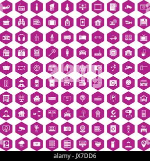 100 camera icons hexagon violet Stock Vector