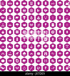 100 camping and nature icons hexagon violet Stock Vector