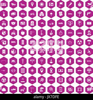 100 car icons hexagon violet Stock Vector
