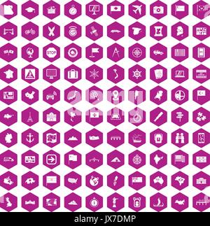 100 cartography icons hexagon violet Stock Vector