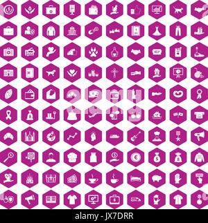 100 charity icons hexagon violet Stock Vector