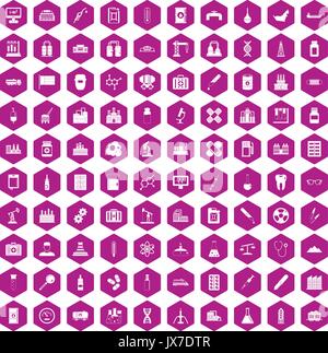 100 chemical industry icons hexagon violet Stock Vector