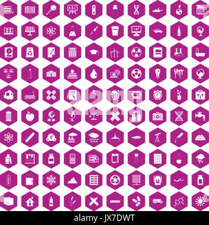 100 chemistry icons hexagon violet Stock Vector