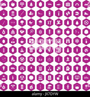 100 child health icons hexagon violet Stock Vector