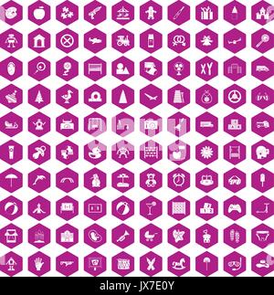 100 childhood icons hexagon violet Stock Vector