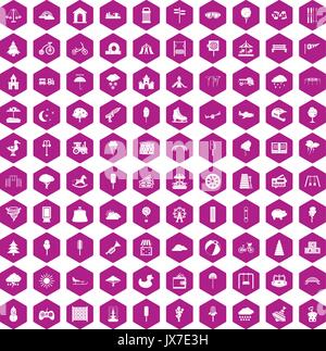 100 childrens park icons hexagon violet Stock Vector