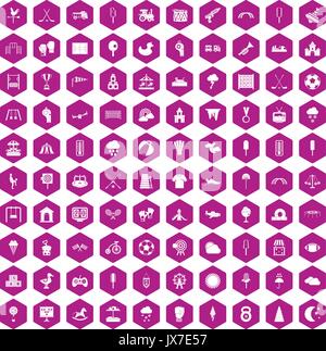 100 childrens playground icons hexagon violet Stock Vector