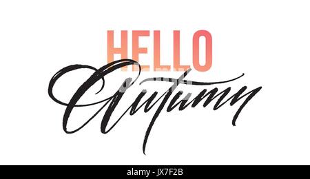 Hello autumn lettering for card, poster, banner, print, handwritten quotes, fall modern brush calligraphy. Vector illustration Stock Vector