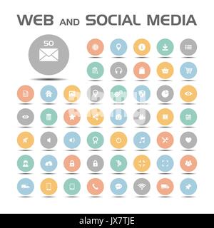 Web and social media icons set on colored buttons and white background Stock Vector