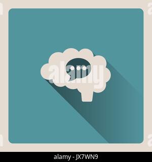 Brain thinking in a conversation illustration on blue square background with shade Stock Vector