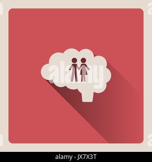 Brain thinking of the couple illustration on red square background with shade Stock Vector
