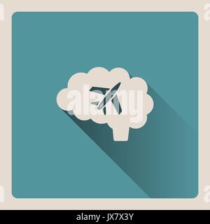 Brain thinking of traveling illustration on blue square background with shade Stock Vector
