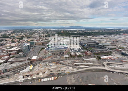 aerial view of CenturyLink Field and Safeco Field stadiums, Seattle, Washington State, USA Stock Photo
