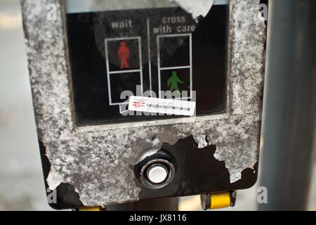 'Bring Back British Rail' sticker on pedestrian crossing button in Leeds. Stock Photo