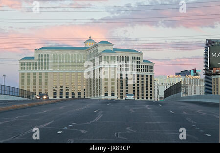 Las Vegas,  driving over the bridge with a distant view of Bellagio Hotel, Casino Stock Photo