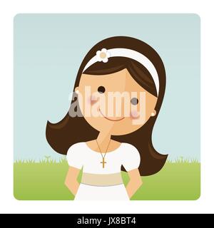 Foreground girl with communion dress on blue sky background Stock Vector