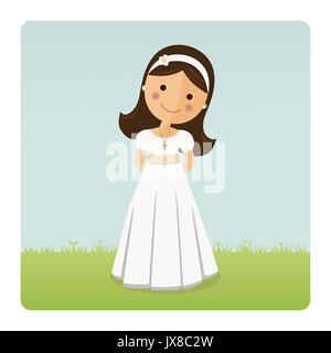 Girl with communion dress on blue sky background Stock Vector