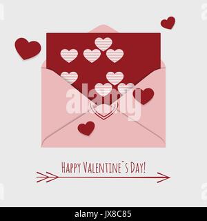 Happy Valentines day card with envelope and flying hearts Stock Vector