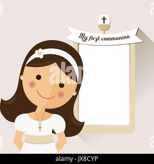My first communion invitation with message and foreground girls on grey background Stock Vector