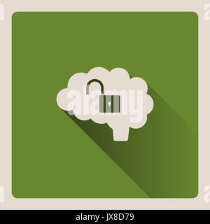 Unlocked brain illustration on green square background with shade Stock Vector