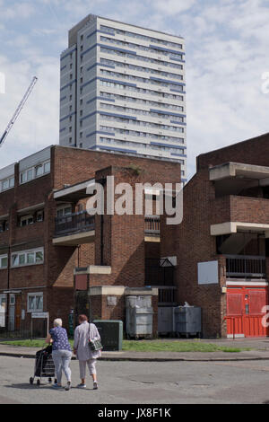 Grenfell Tower type cladding considered fire risk due to removed from Ferrier Point in a council estate in Newham, London,England,UK Stock Photo