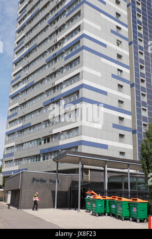 Grenfell Tower type cladding considered fire risk due to removed from Ferrier Point in a council estate in Newham, London,England,UK Stock Photo