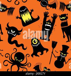 Seamless pattern with silhouettes of cartoon monsters. Stock Vector
